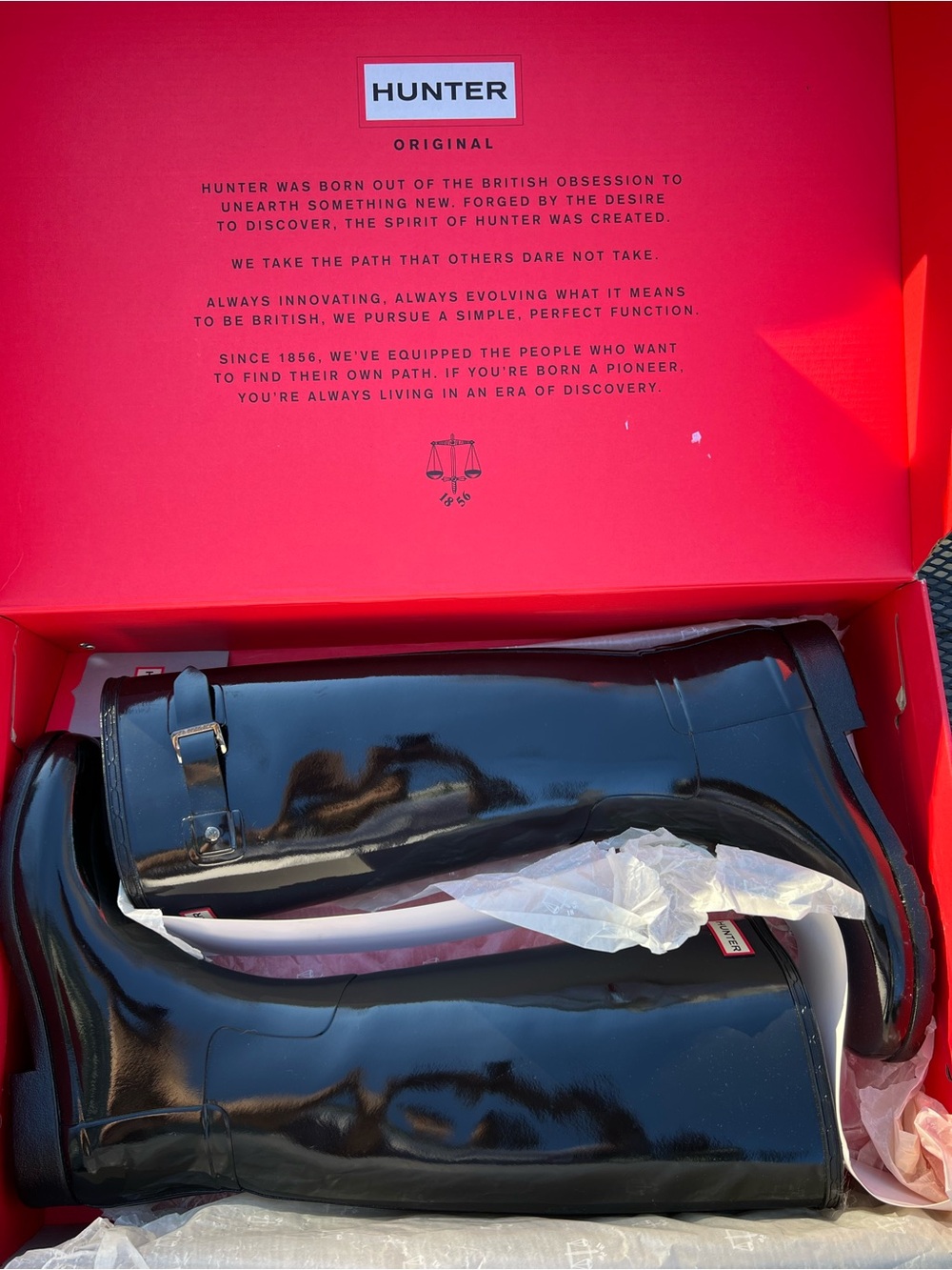 Auth NEW Hunter wellies Tall Gloss Black Rain Boots with Buckle Detail in box 8